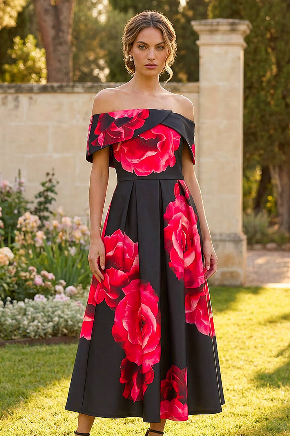 Red Floral Print Premium Stretch Midi Dress, Image 3 of 4