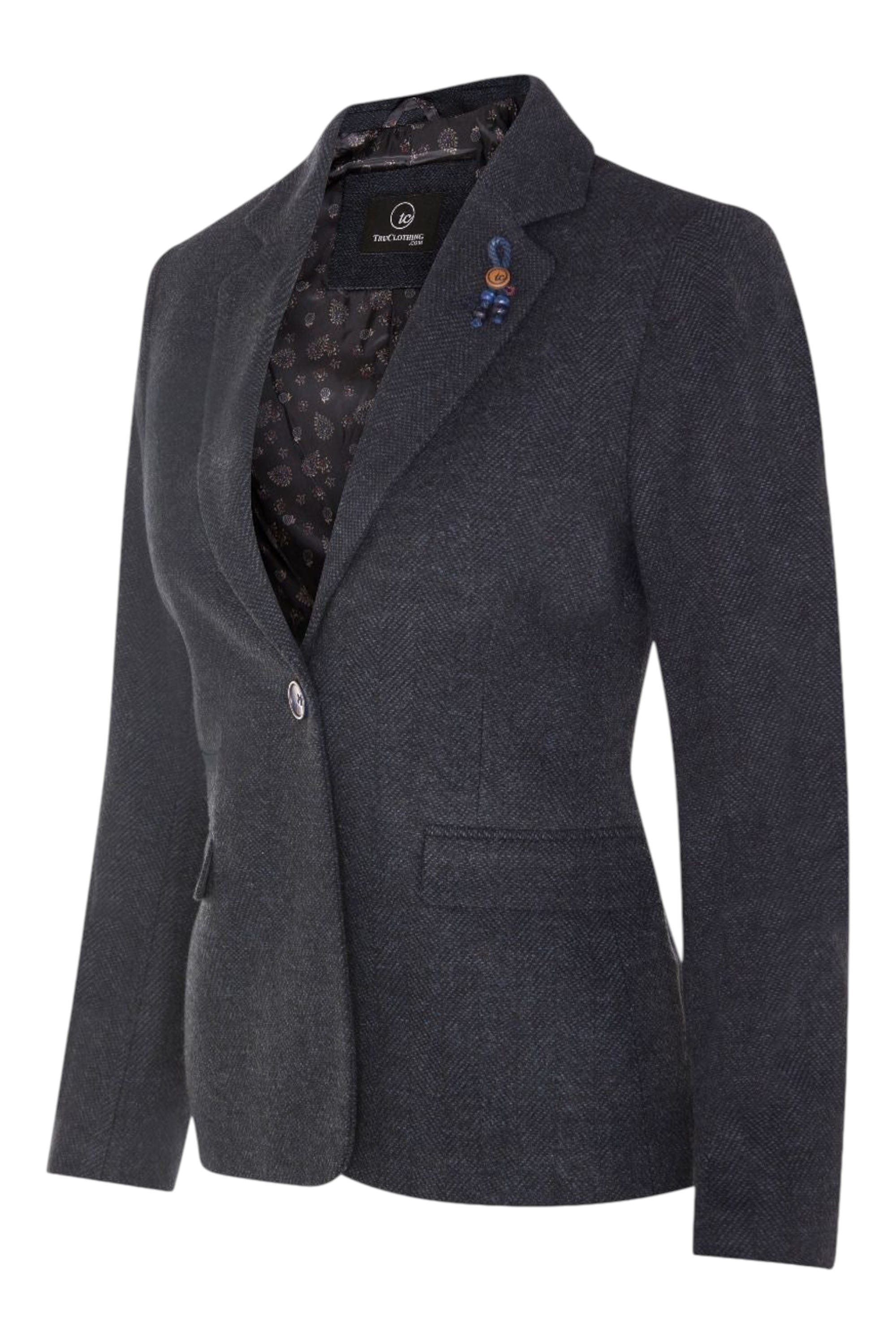 Navy Blue Infinity Leather Navy Blue Tweed 1920s Herringbone Navy Blazer, Image 3 of 6