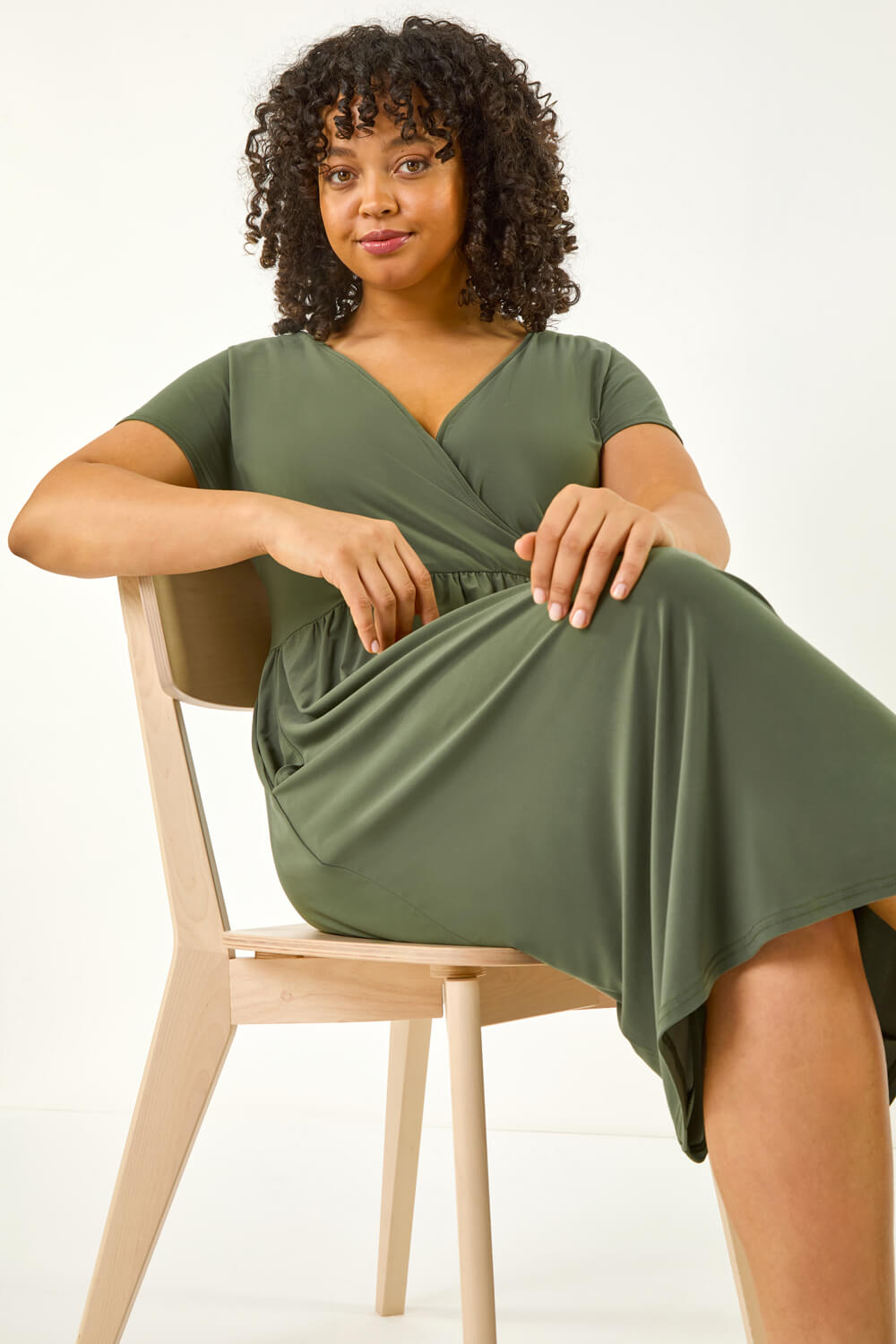 Roman Curve Women's Khaki Wrap Front Stretch Dress Size 18
