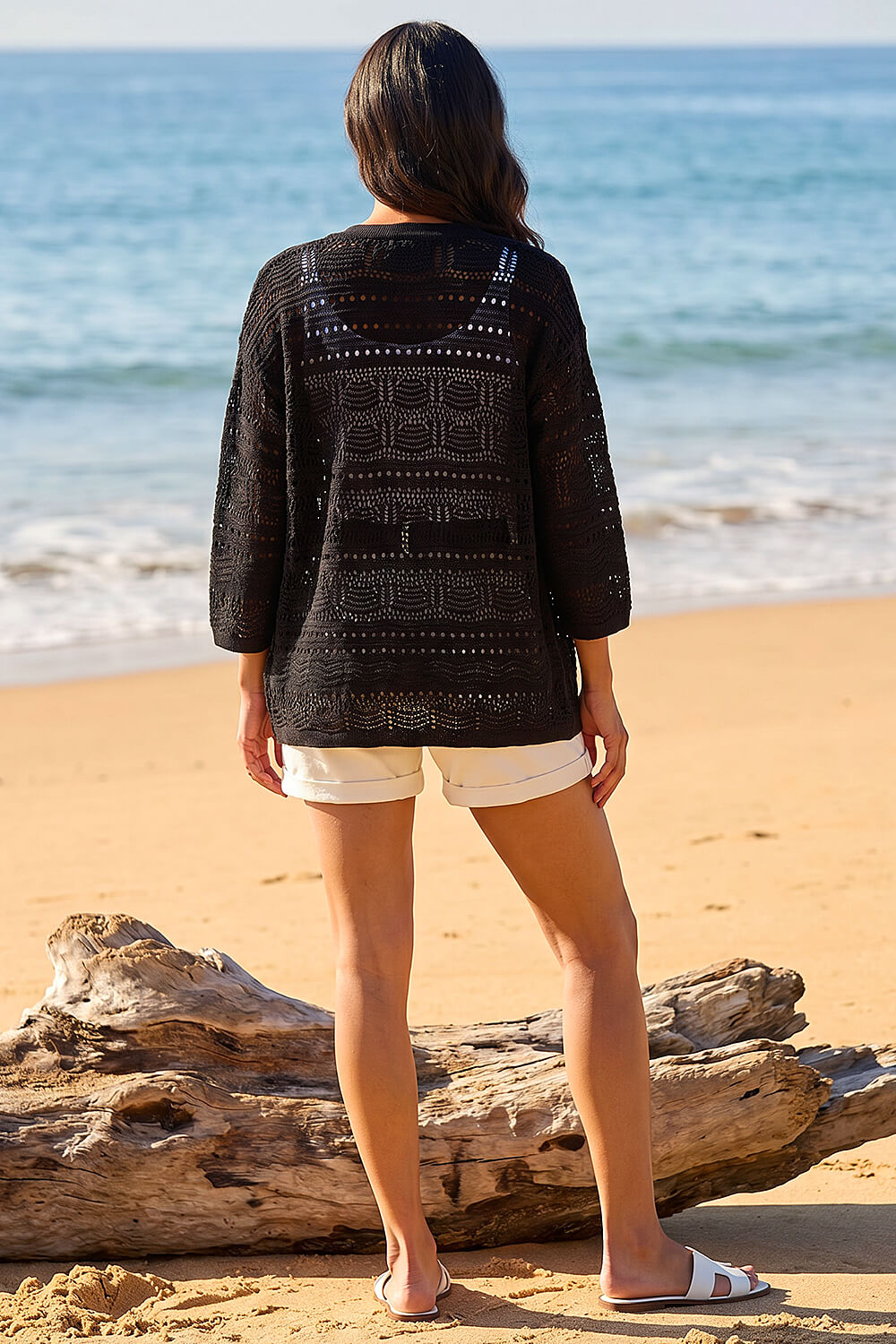 Black 3/4 Sleeve Stitch Detail Cardigan, Image 4 of 4