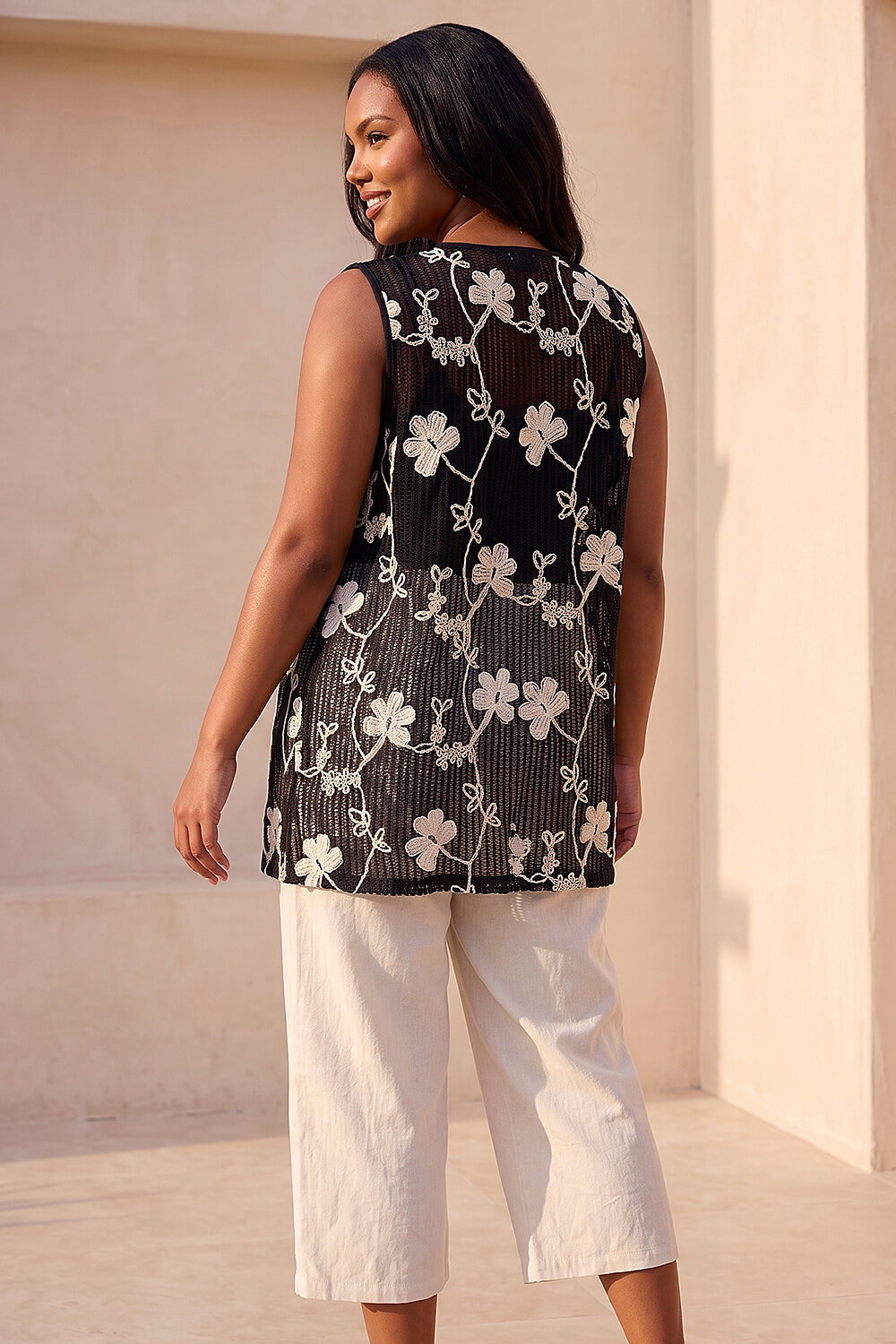 Black Curve Textured Tie Front Waistcoat, Image 4 of 4