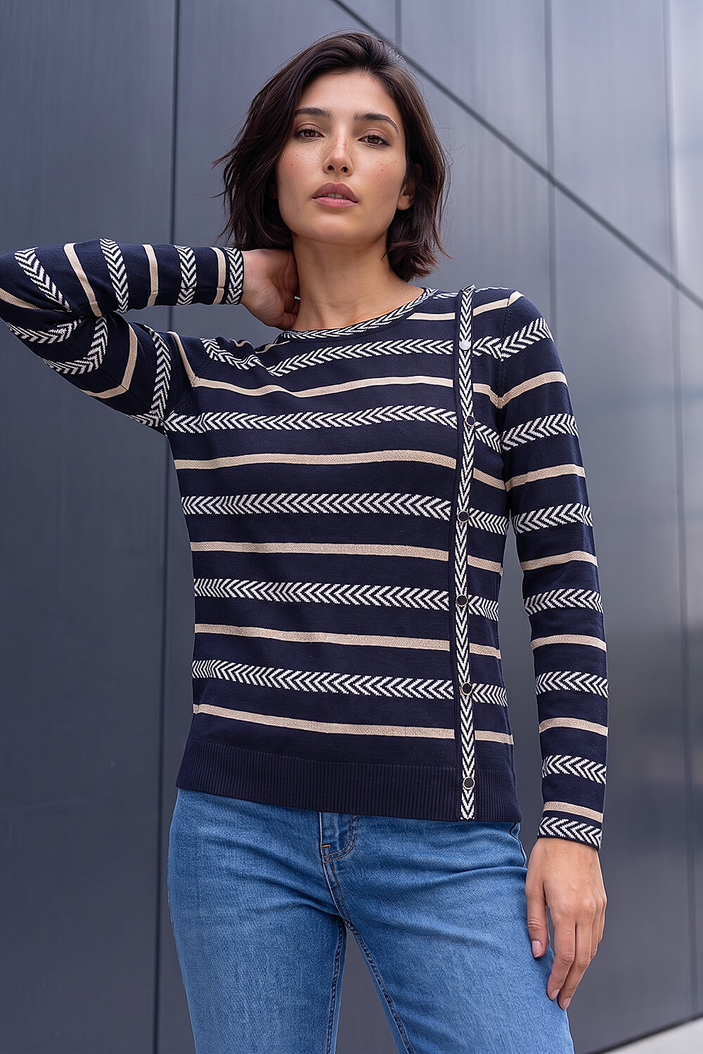 Roman Petite Women's Navy Stripe Knit Jumper Size 8