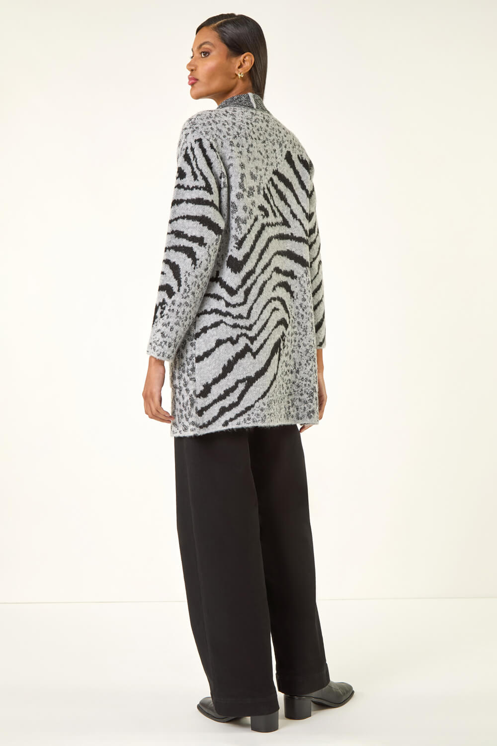 Grey Multi Animal Print Soft Knit Cardigan, Image 5 of 6