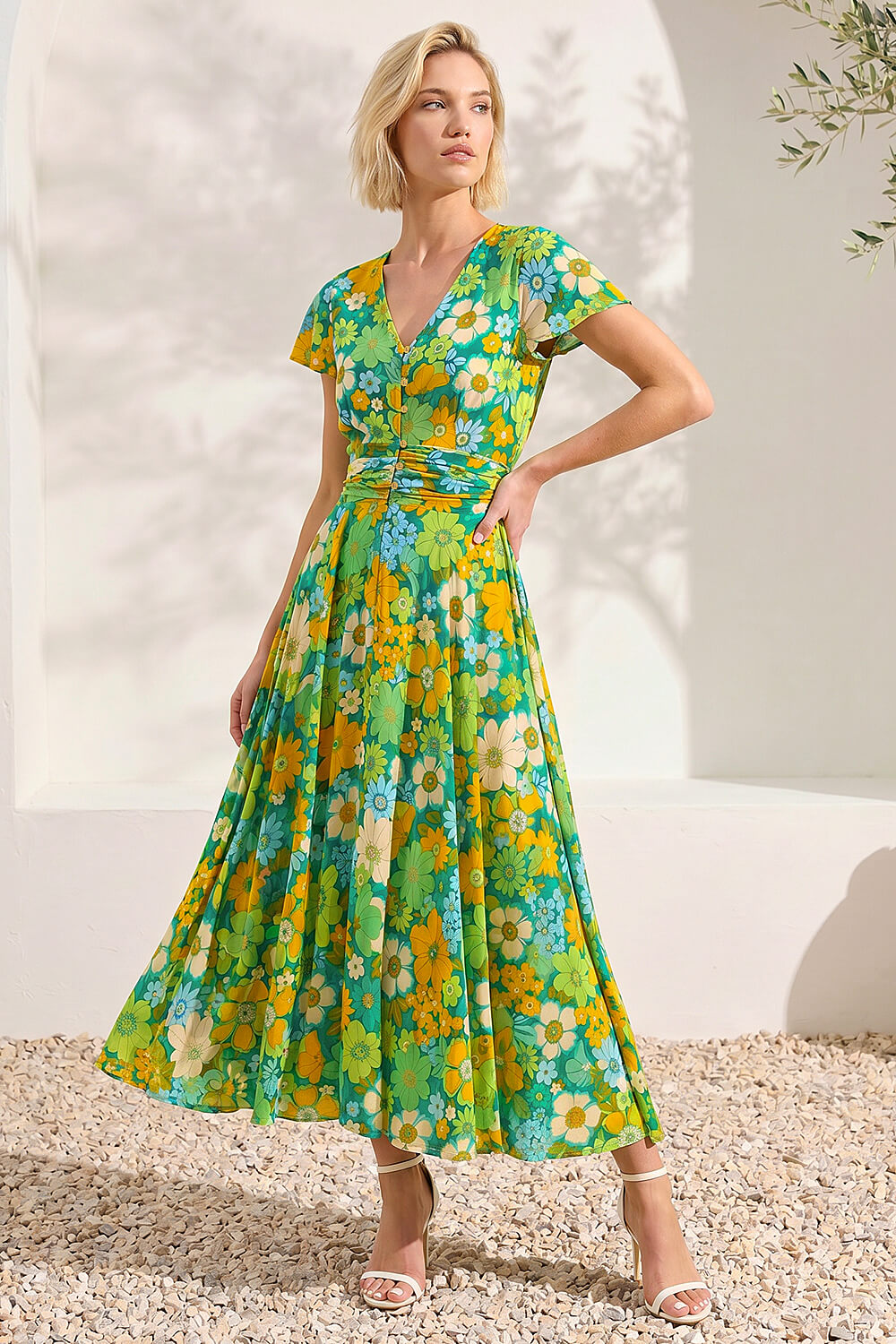 Yellow Floral Ruched Midi Dress, Image 1 of 4