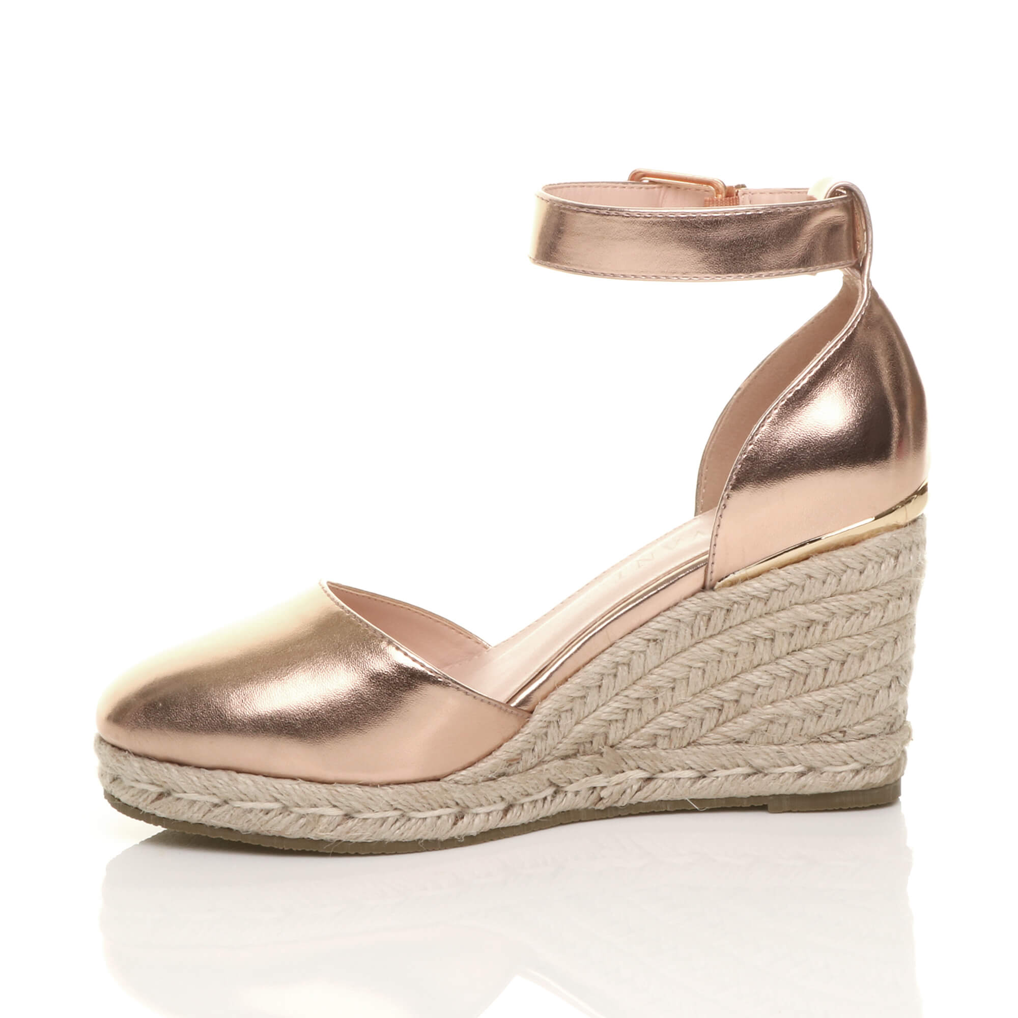 Rose Gold Mid Wedge Heel Ankle Strap Espadrille Sandals, Image 3 of 6