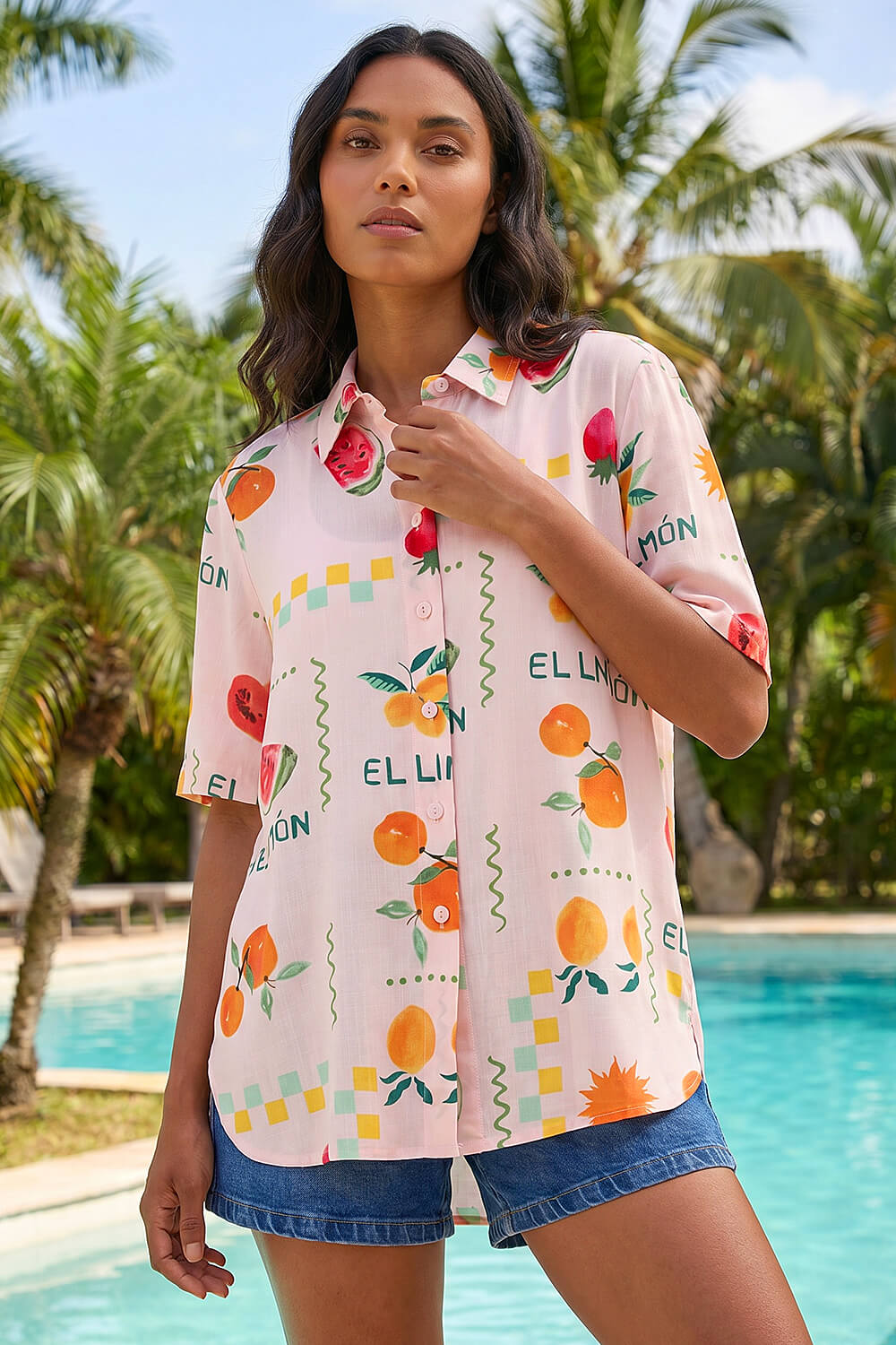 Light Pink Fruit Print Collared Shirt, Image 1 of 4