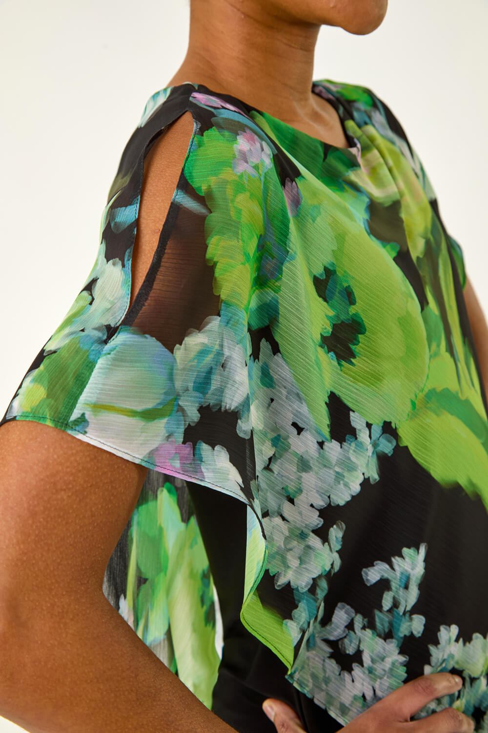 Green Floral Print Asymmetric Overlay Top, Image 6 of 5