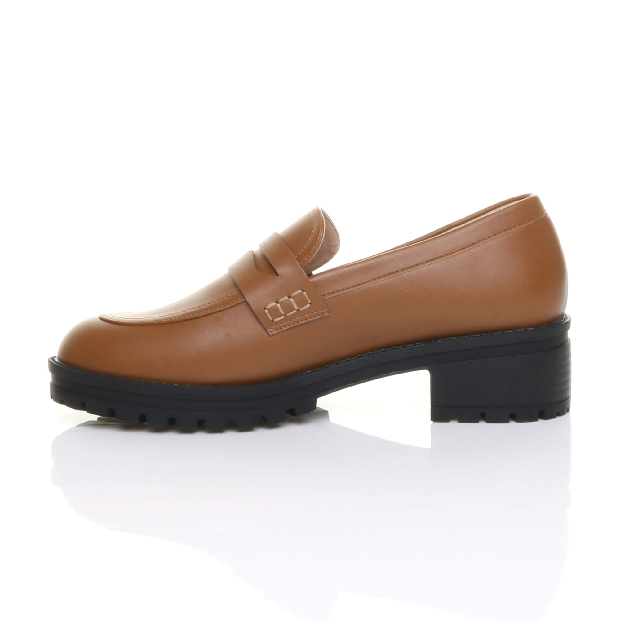 Tan AJVANI Tan Flat Chunky Heeled Penny Loafers, Image 3 of 5