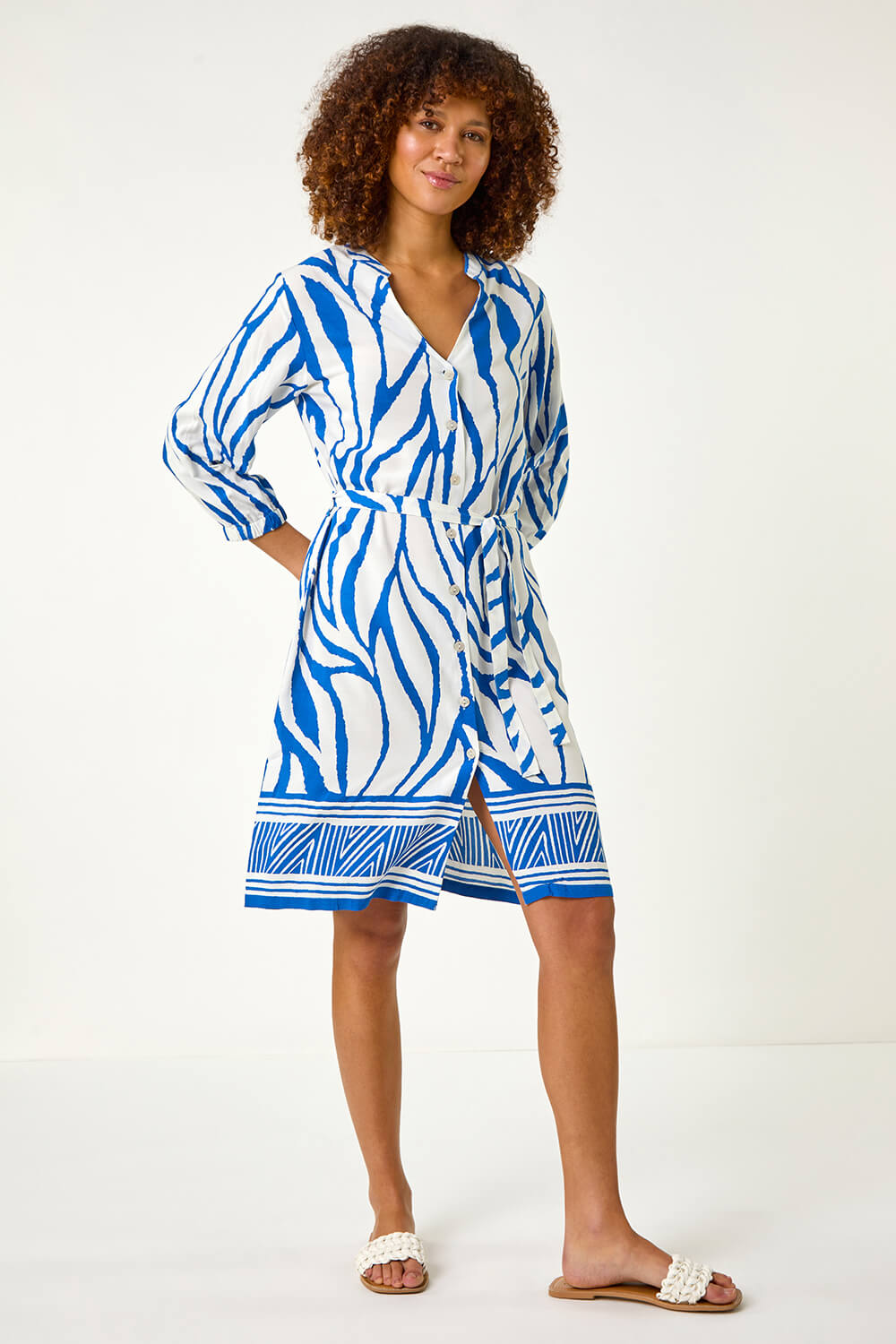 Royal Blue Abstract Border Tie Shirt Dress, Image 5 of 5