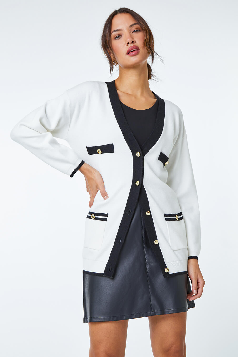 Ivory Longline Colour Block Cardigan , Image 3 of 5