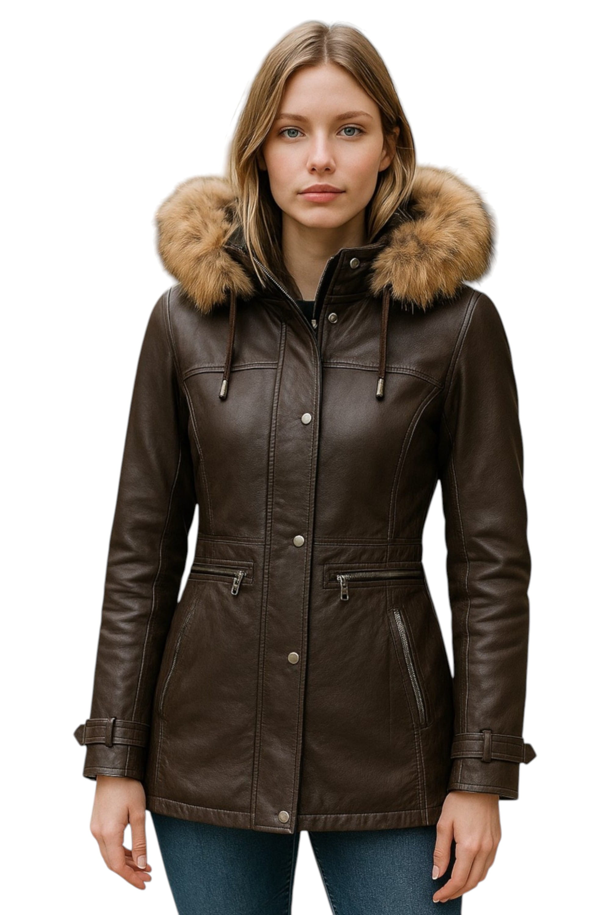Brown Leather Hooded Parka Jacket-Charleville, Image 1 of 5