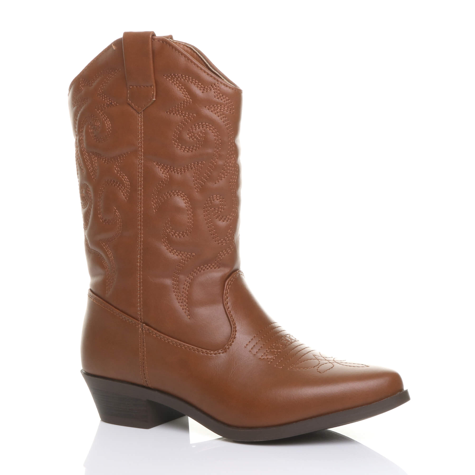 Tan Low Cuban Heel Embroidered Cowboy Western Boots, Image 1 of 6