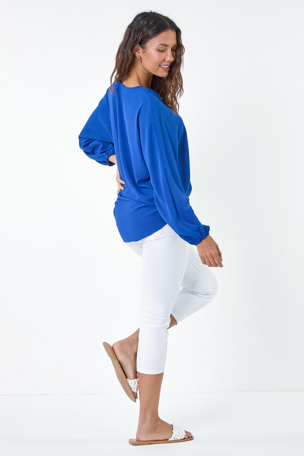 Royal Blue Plain Long Sleeve Tie Front Top, Image 4 of 5