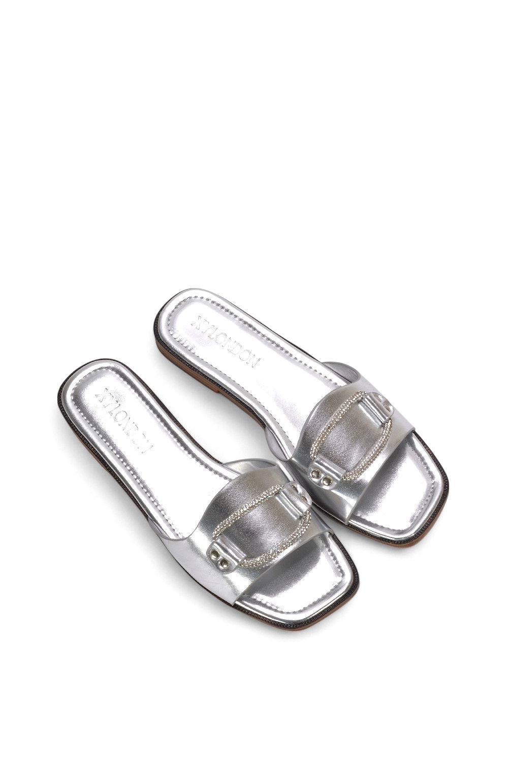 Silver XY LONDON Silver 'Annie' Sparkly Diamante Slip On Flat Slider Mule Sandals, Image 5 of 5