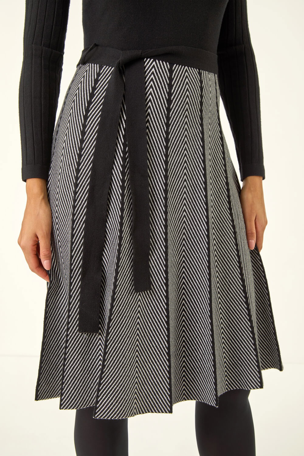 Black Chevron Print Belted Jumper Dress, Image 6 of 5