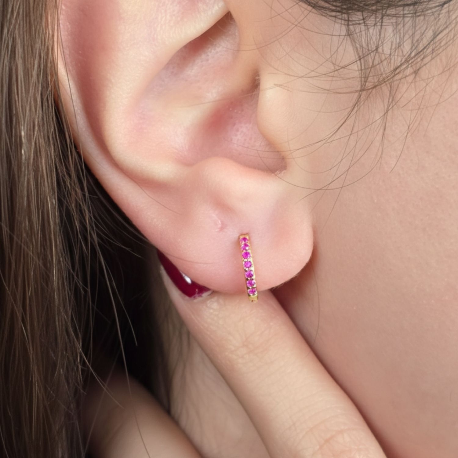 Gold Ruby July Birthstone Small Huggie Hoop Earrings, Image 2 of 5
