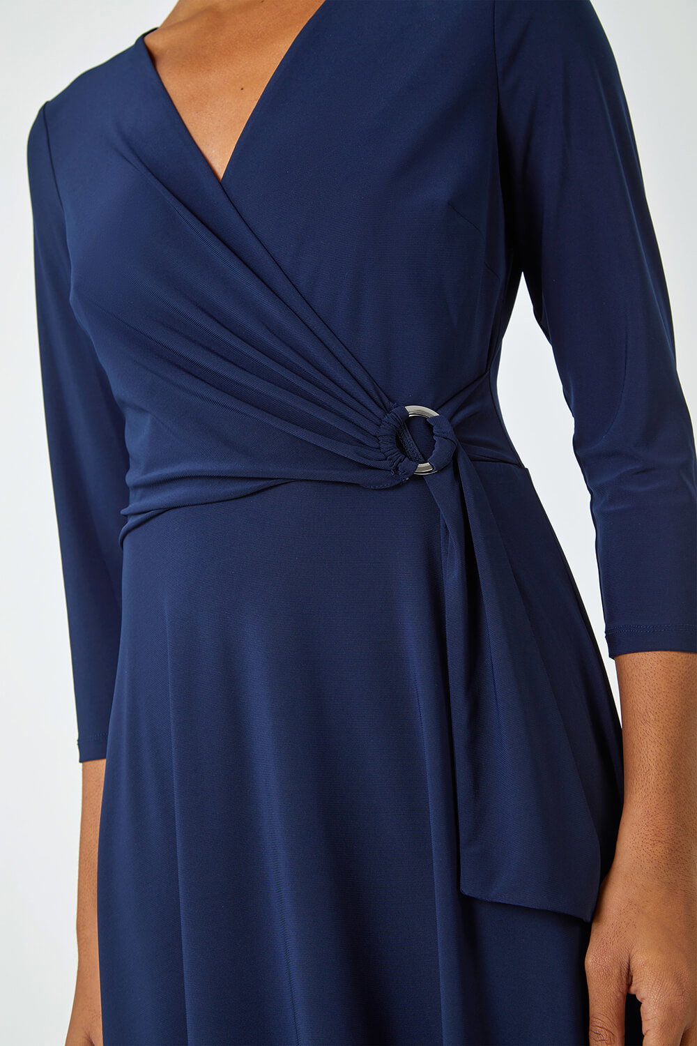 Navy Ring Buckle Wrap Stretch Dress, Image 6 of 5