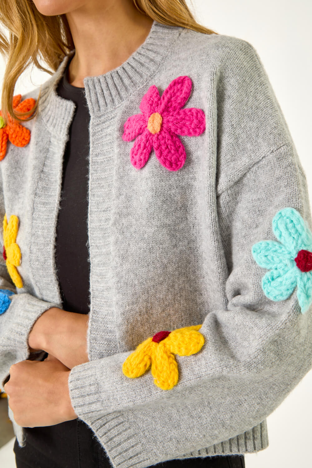 Grey Multi Floral Knit Cardigan, Image 6 of 5