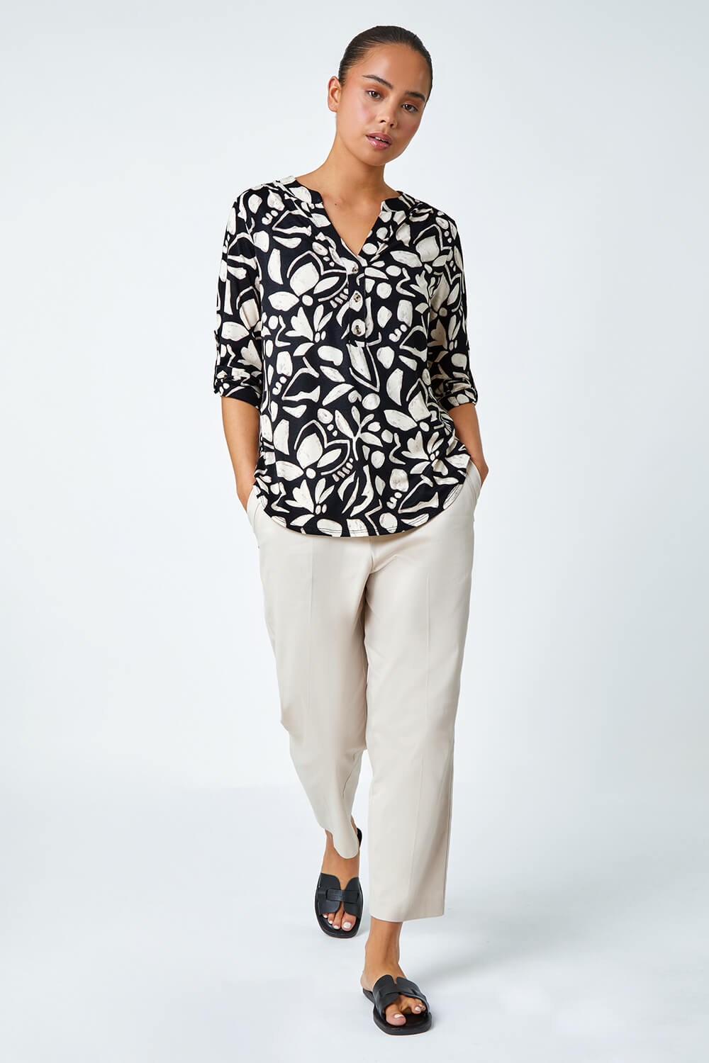 Black Petite Floral Stretch Button Detail Shirt, Image 3 of 5