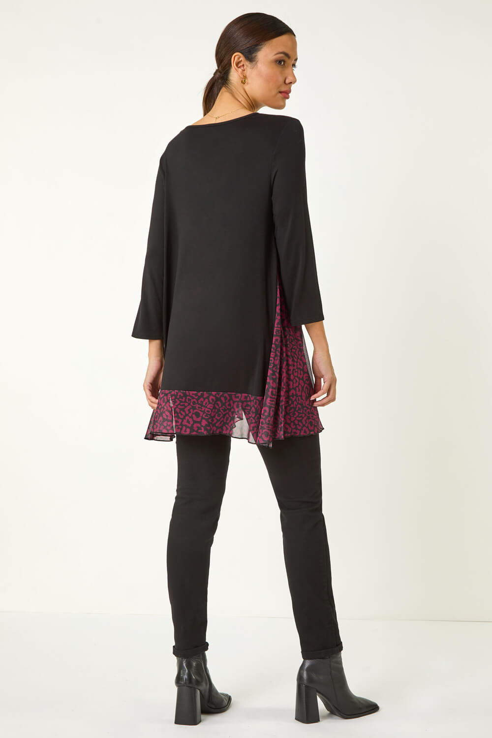 Wine Animal Print Contrast Mesh Hem Stretch Top, Image 4 of 5