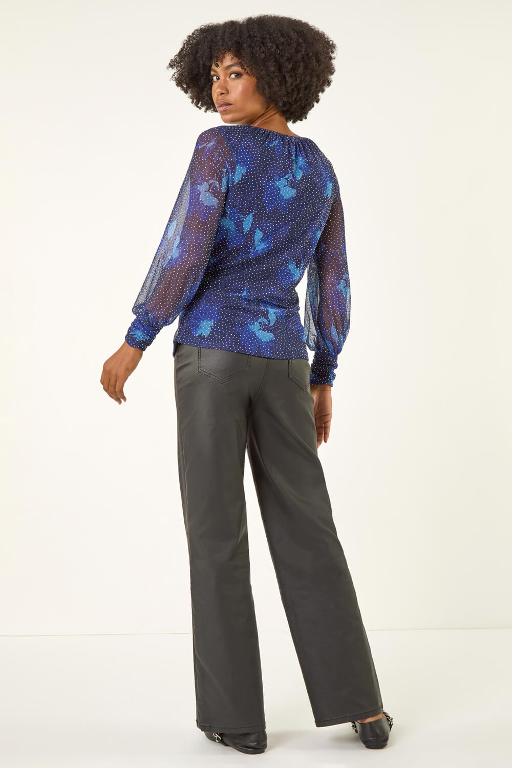 Navy Printed Stud Mesh Stretch Top, Image 4 of 5