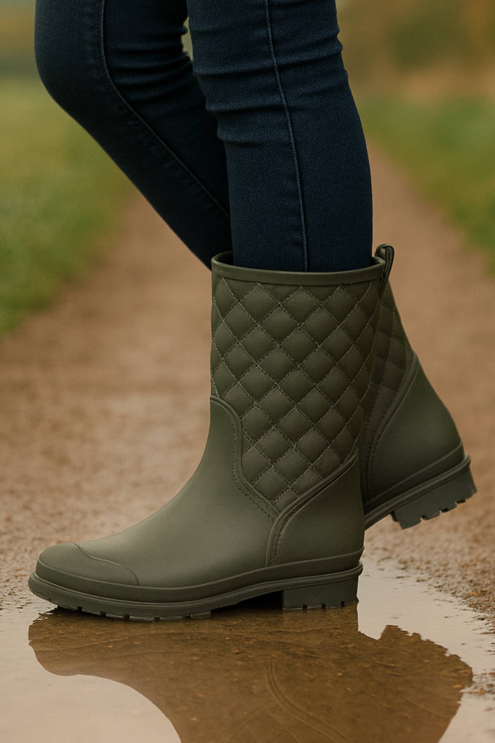 Khaki AJVANI Khaki Waterproof Wellingtons Quilted Ankle Boots Wellies, Image 2 of 6