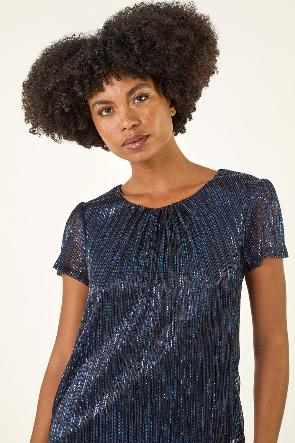 Navy Metallic Sequin Plisse Top, Image 1 of 5