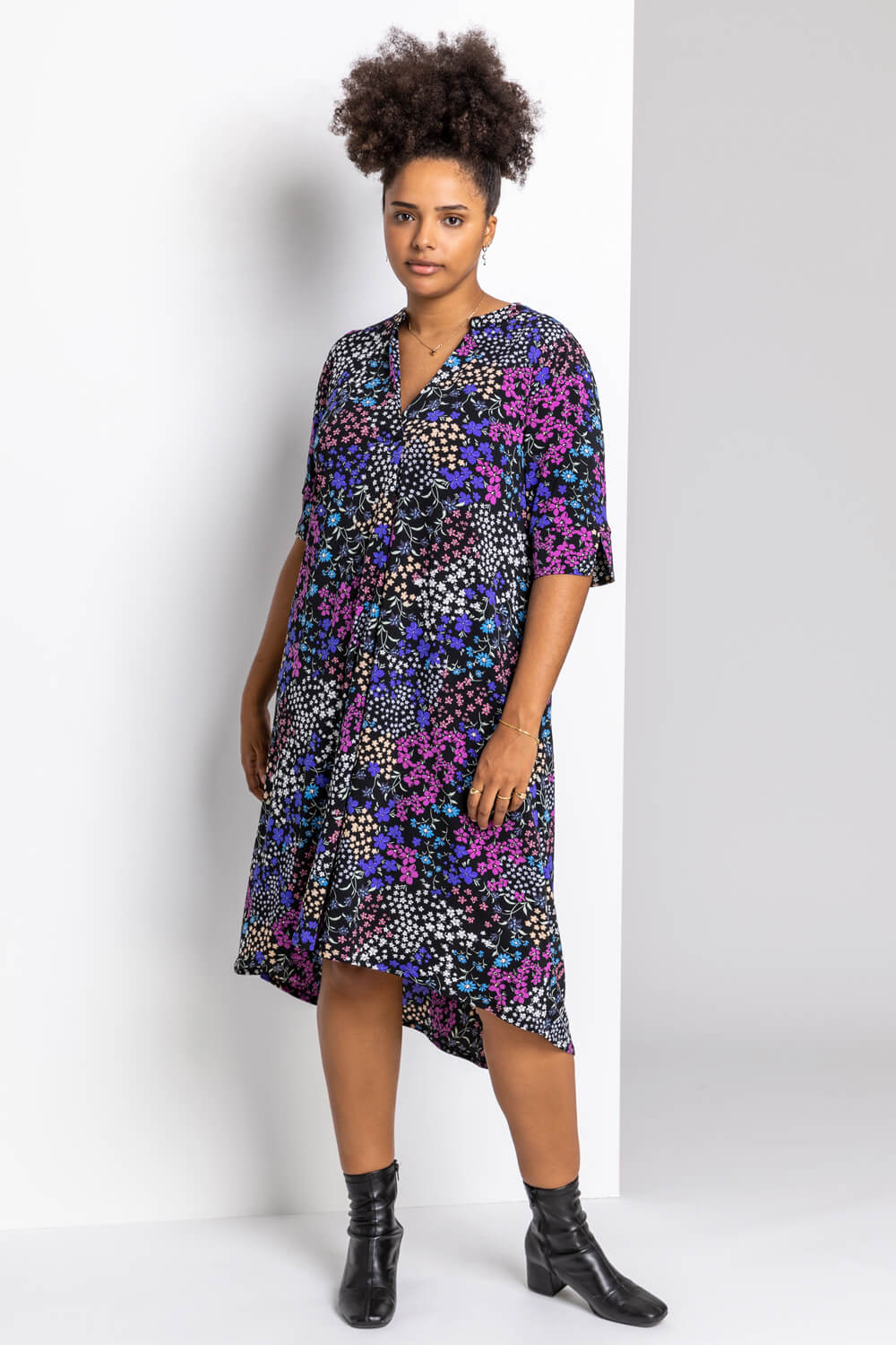 Blue Curve Patchwork Floral Tunic Dress, Image 1 of 4