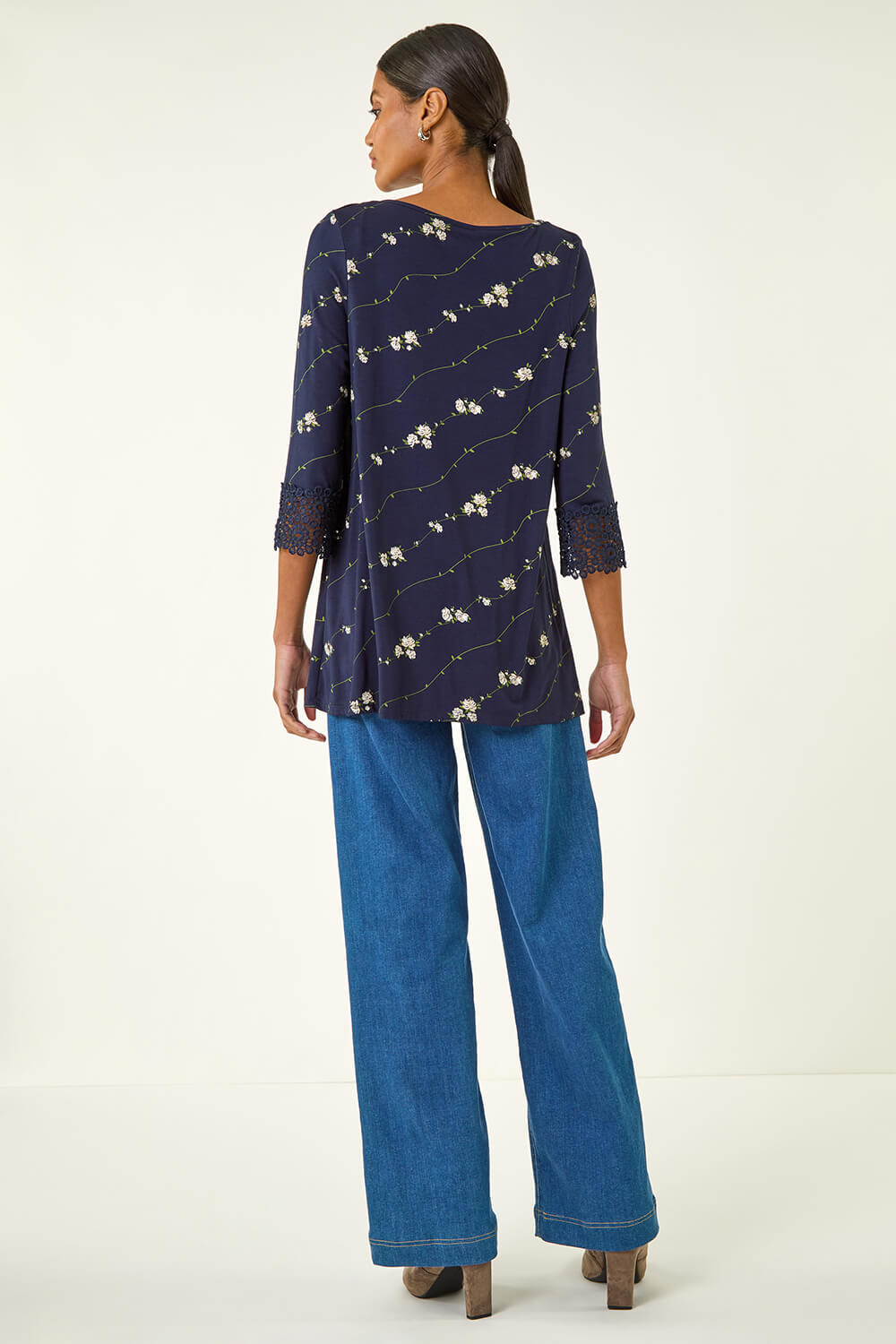 Navy Printed Lace Cuff Stretch Top, Image 4 of 5