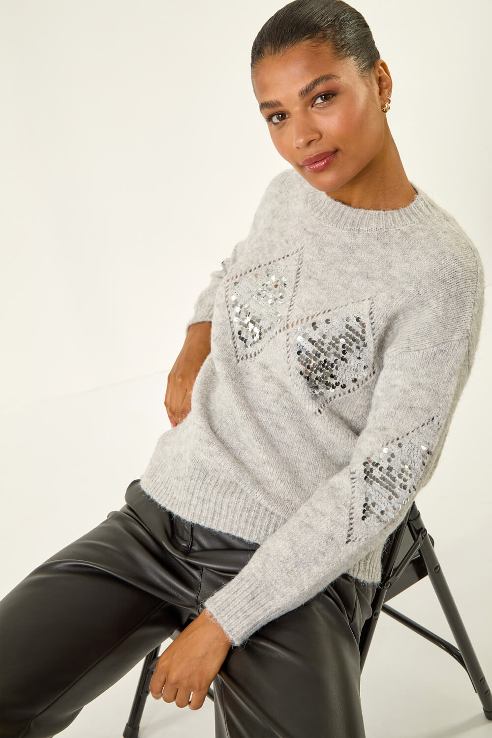 Grey Diamond Sparkly Knit Jumper, Image 5 of 5