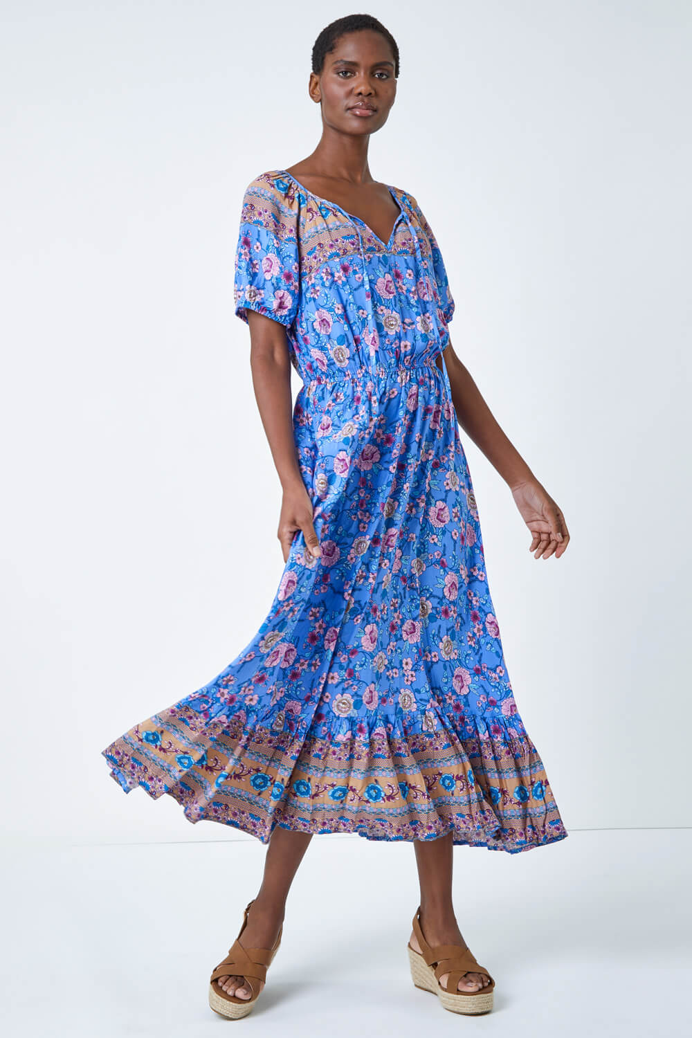 Blue Floral Print Keyhole Maxi Dress, Image 5 of 5