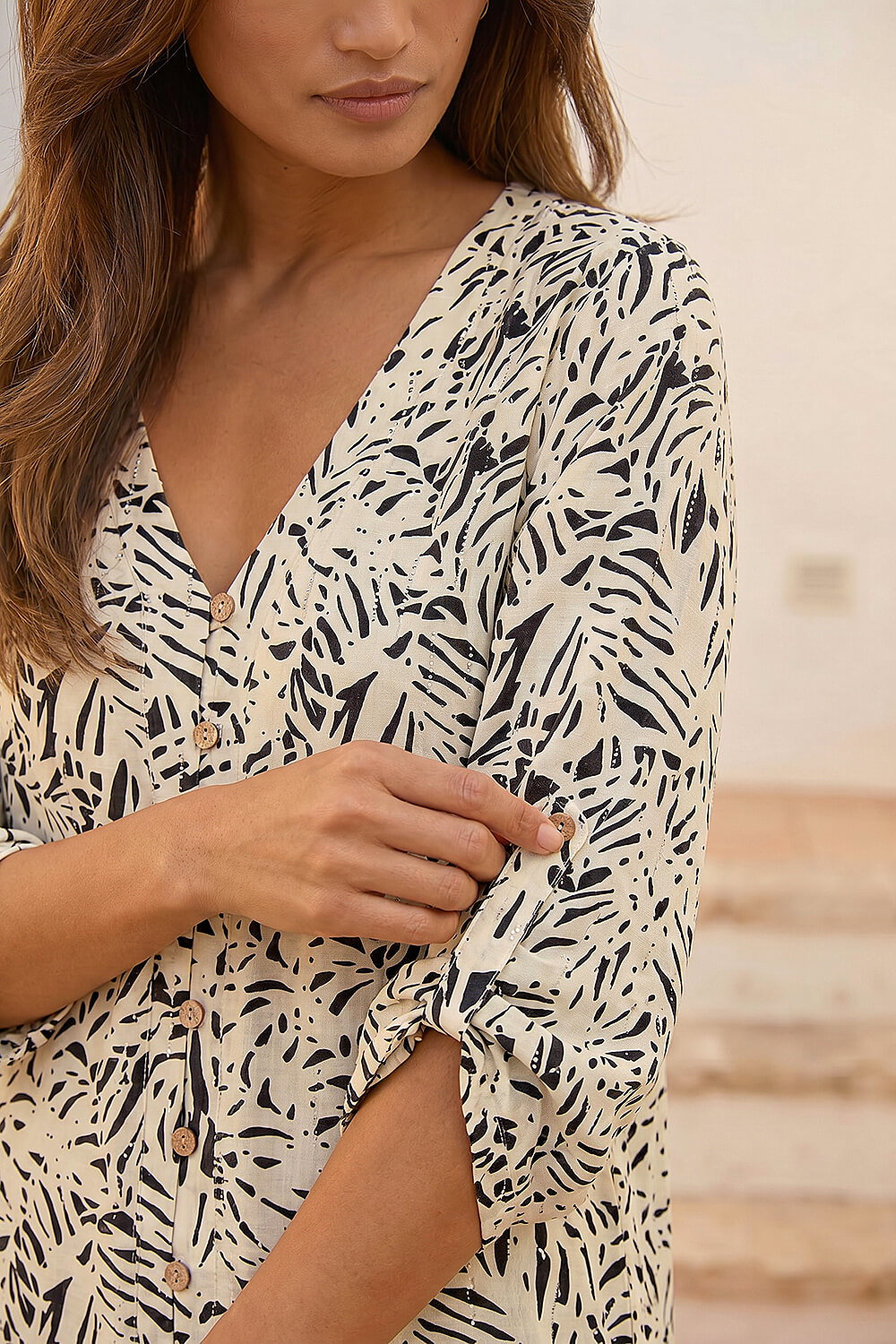 Ivory Abstract Print Embellished Button Up Blouse, Image 4 of 4