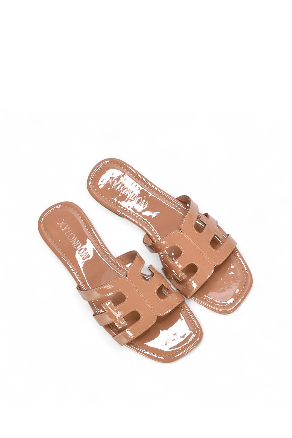 Taupe XY LONDON Taupe 'Ellie' Square Toe Cut Out Strap Flat Sandal Slides, Image 5 of 5