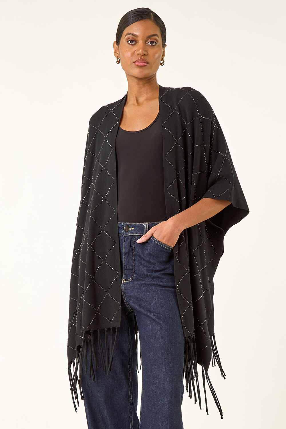 Black Sparkly Diamond Knit Poncho, Image 3 of 5