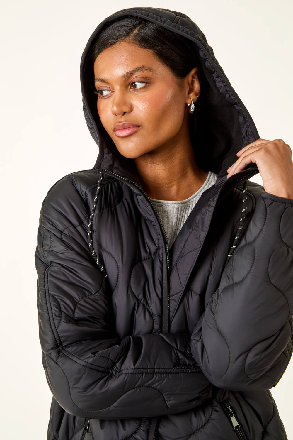 Black Fleece Lined Quilted Hooded Coat, Image 6 of 6