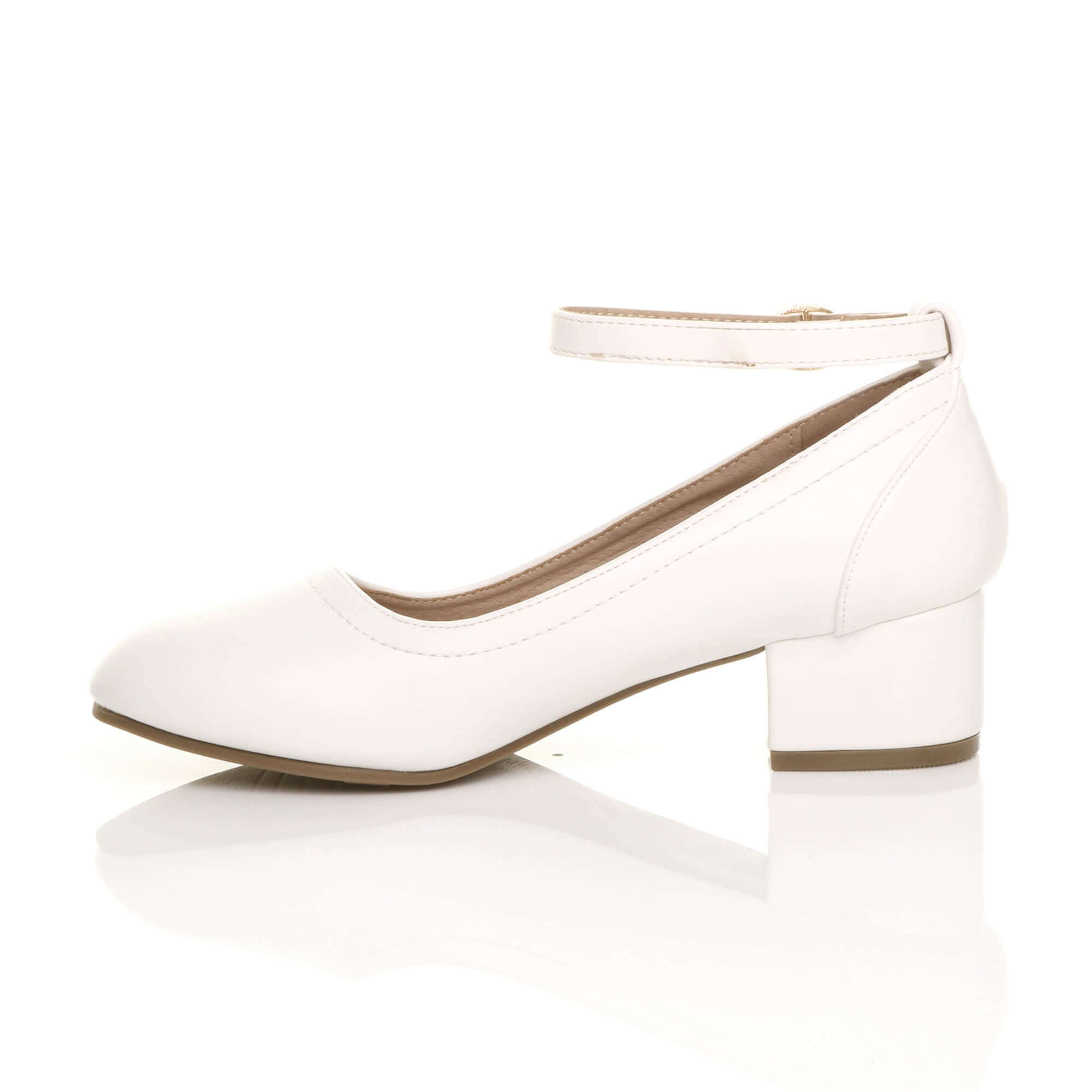 White AJVANI White Low Block Heel Ankle Strap Court Shoes, Image 3 of 6