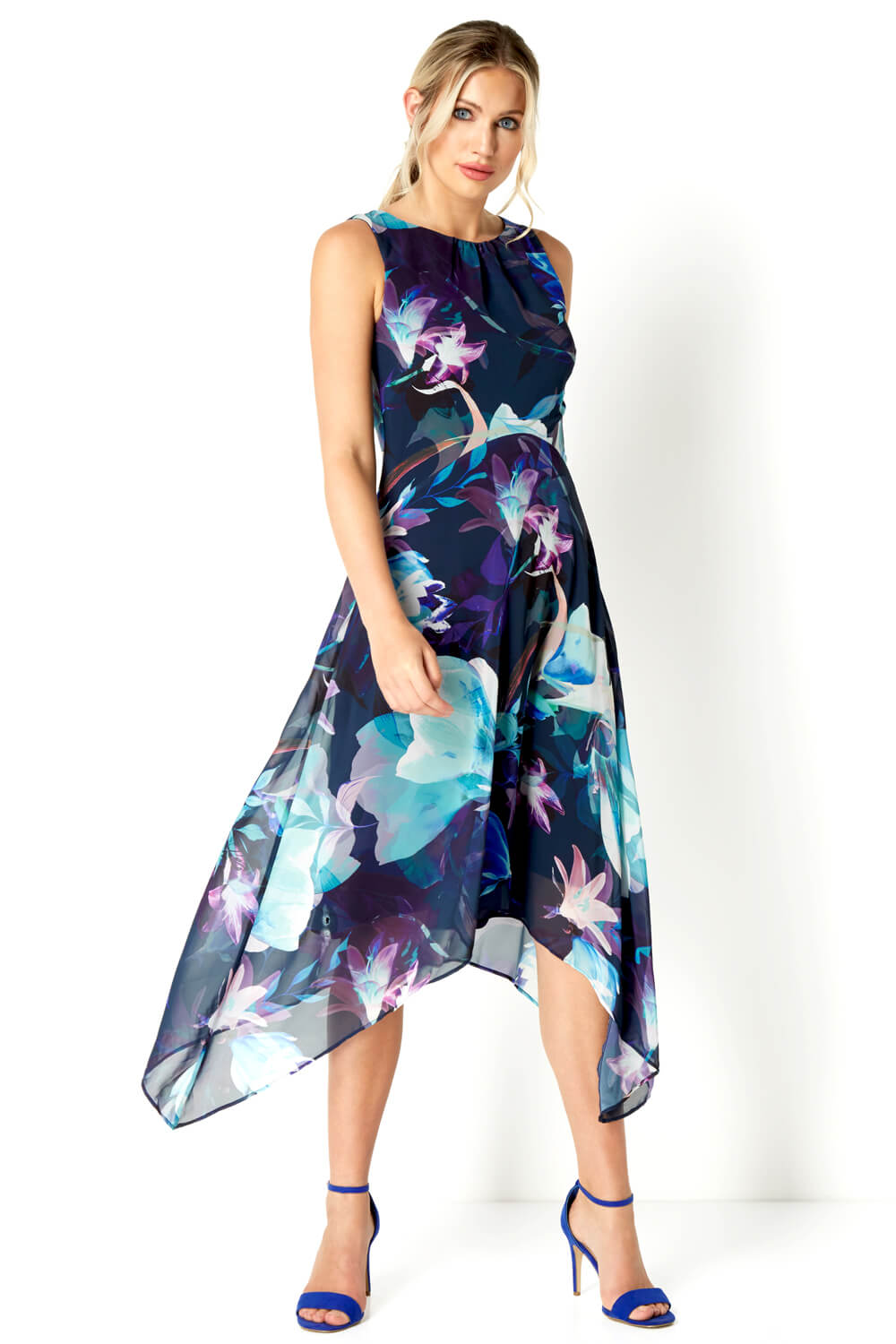Navy Chiffon Hanky Hem Dress, Image 3 of 4