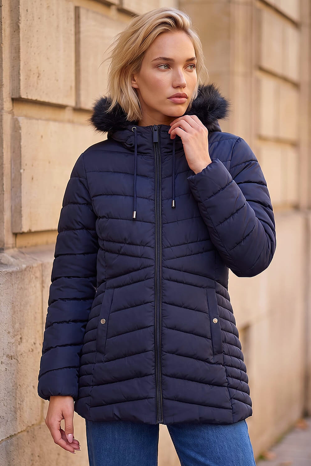 Roman Women's Midnight Blue Faux Fur Hooded Coat Size 12