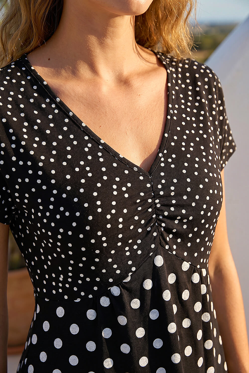 Black Contrast Polka Dot Gathered Top, Image 5 of 4