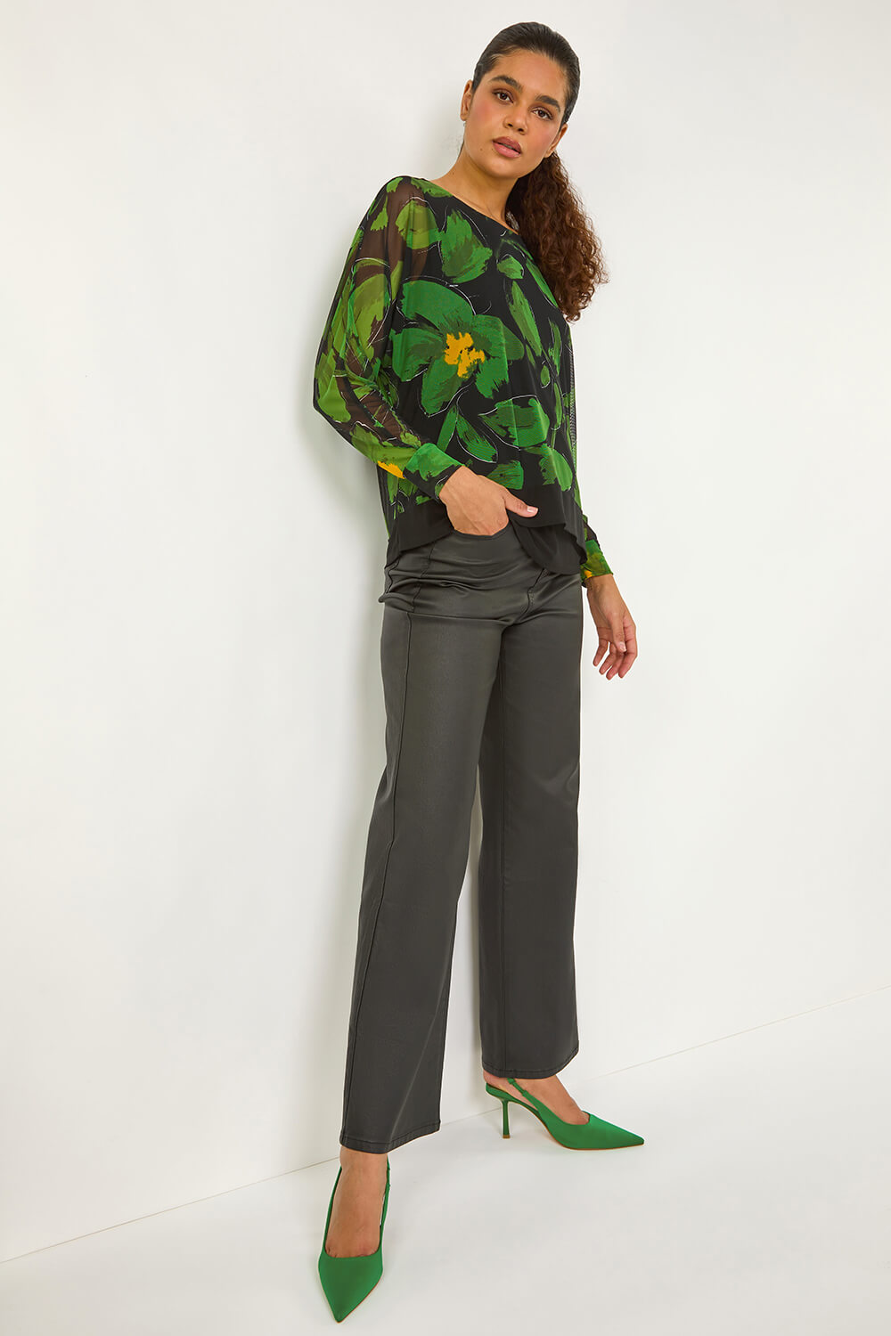Roman Women's Green Floral Mesh Overlay Stretch Top Size 20