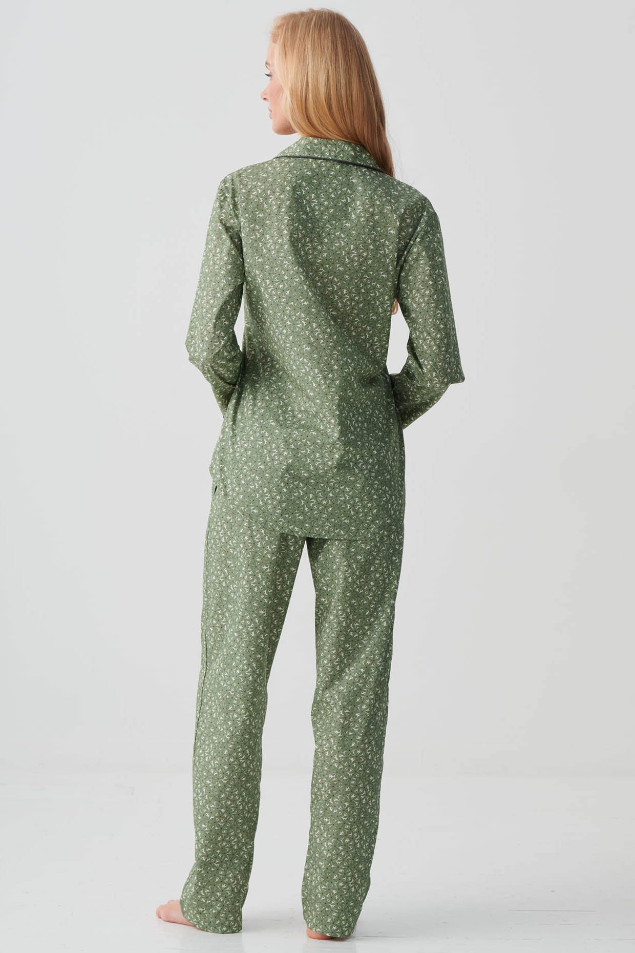 Pale Green "Shrub Sage" Flower Crisp Cotton Pyjama Set, Image 3 of 3