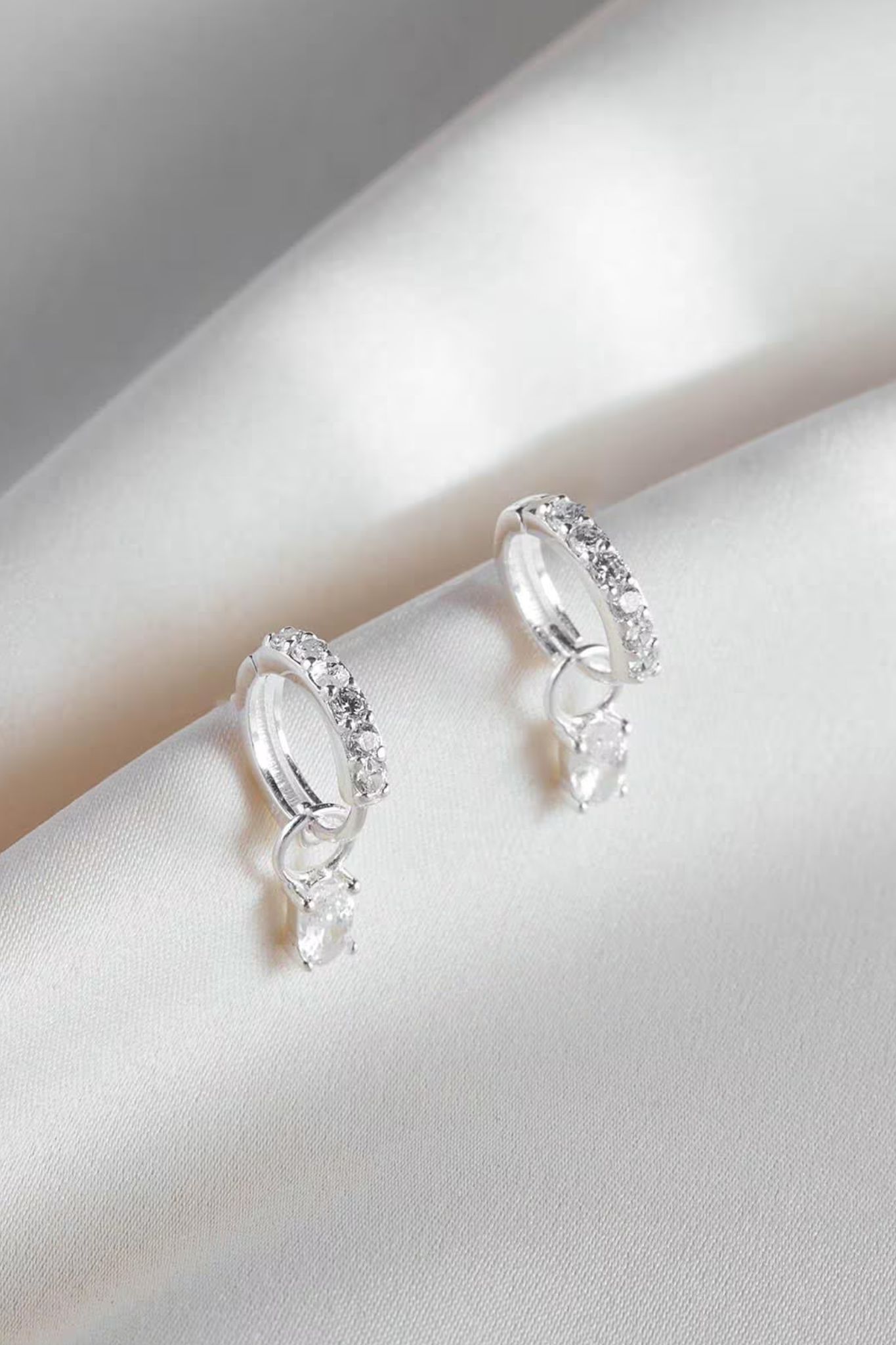 Silver Sterling Silver CZ Huggie Hoop Drop Earrings, Image 1 of 3