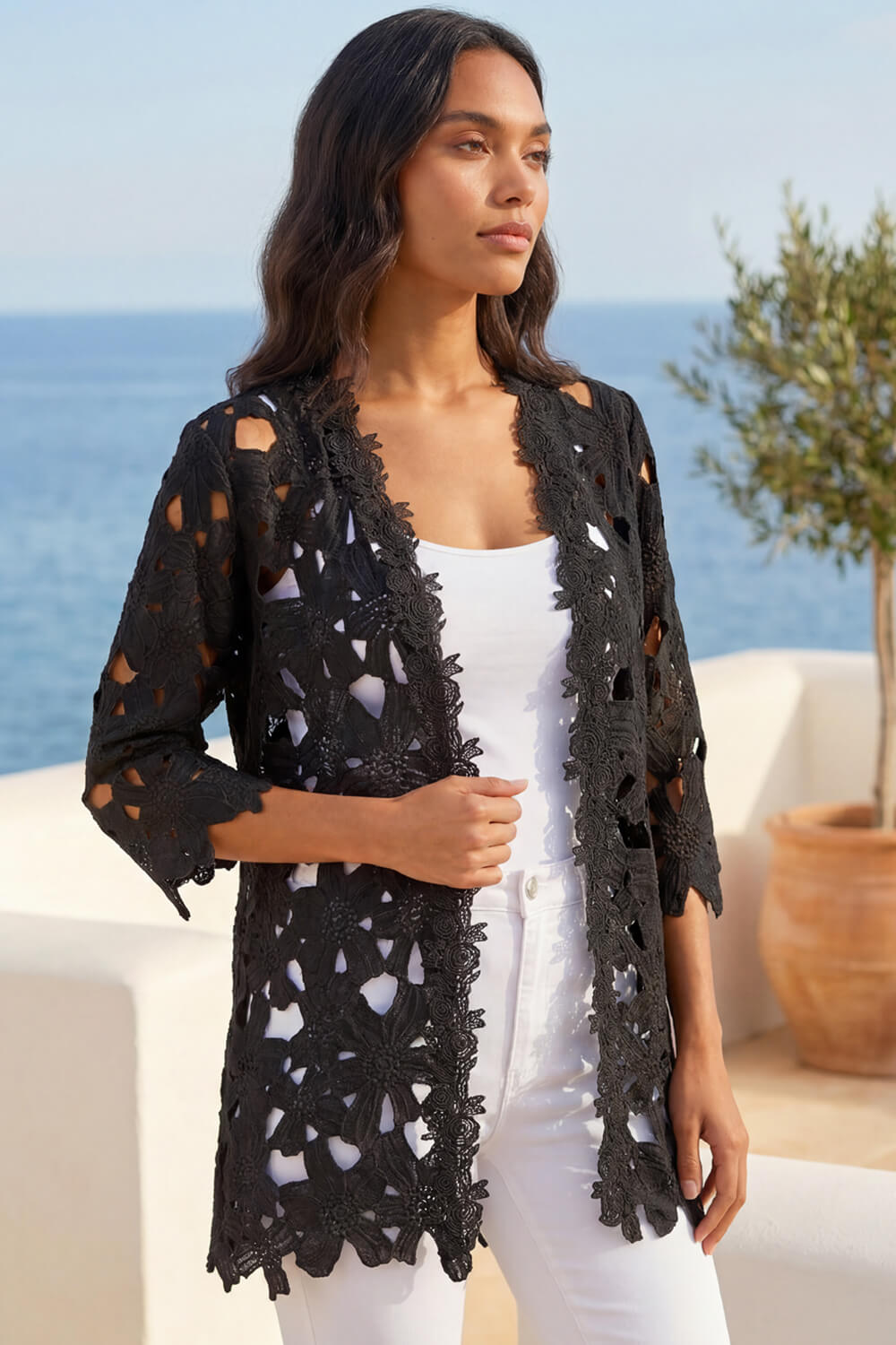 Black Crochet Lace Longline Jacket | Roman UK