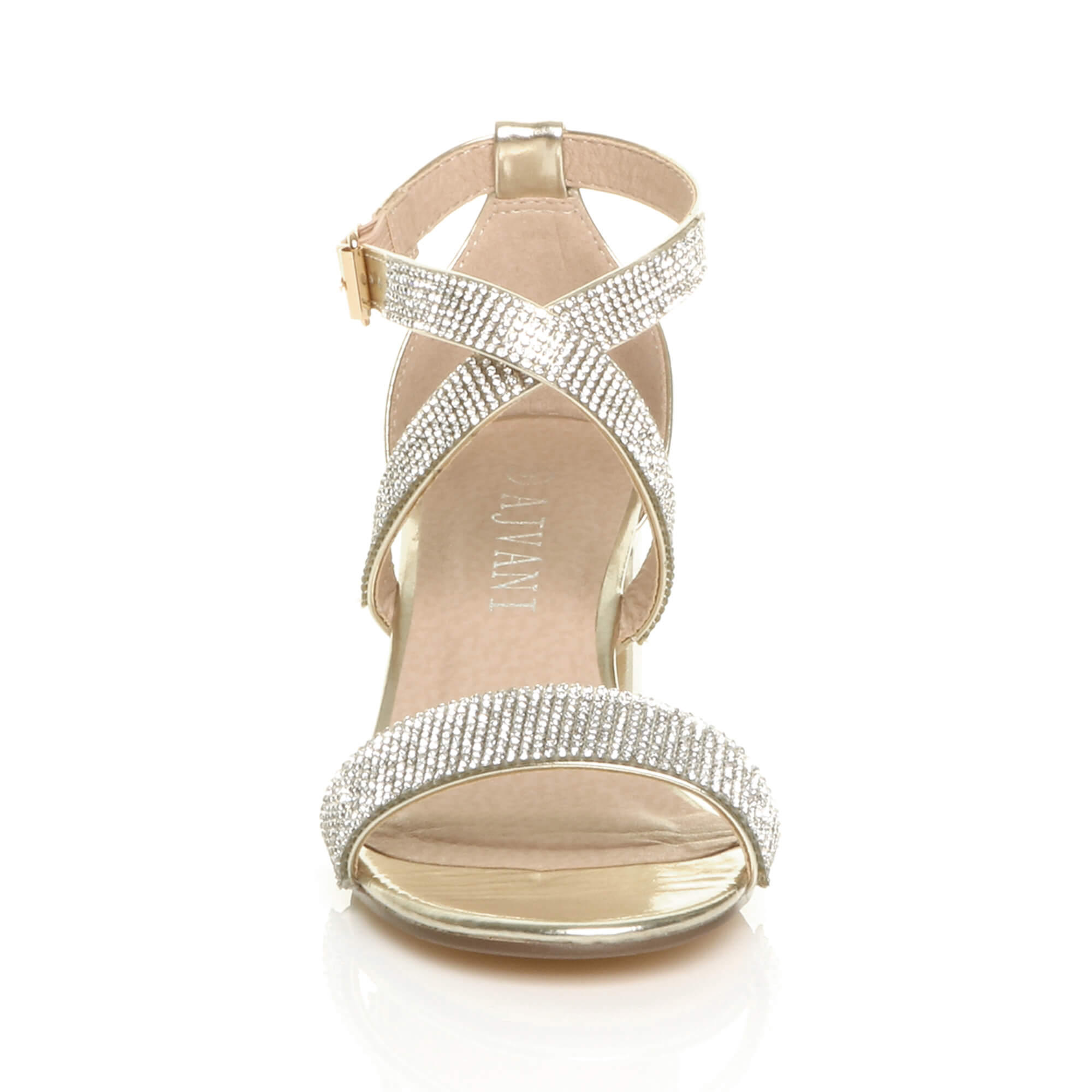 Gold AJVANI Gold Mid Block Heel Crossed Straps Diamante Sandals, Image 6 of 6