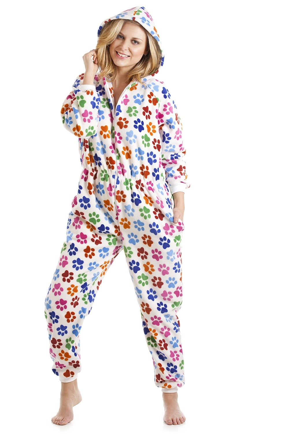 White Camille Lingerie White All In One Paw Print Hooded Fleece Onesie, Image 3 of 5