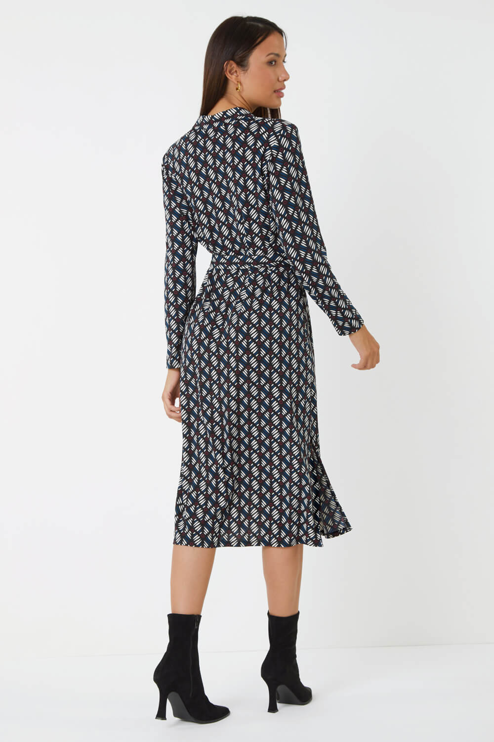 Teal Geometric Print Midi Stretch Dress, Image 4 of 5