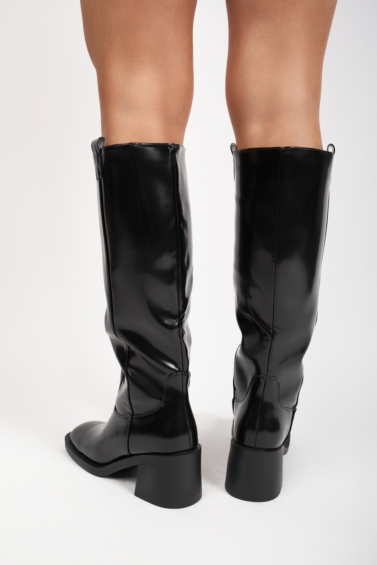 Black iKrush Black Verira Patent Knee High Block Heel Boots, Image 6 of 8