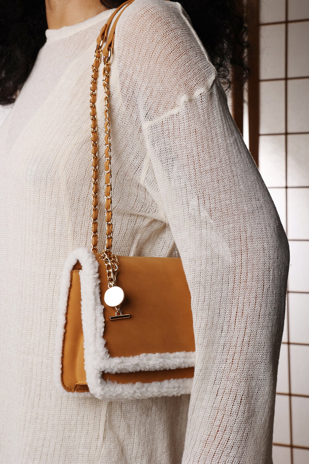Tan Freesia Top Handle Satchel Borg Trim Tote Bag, Image 8 of 8
