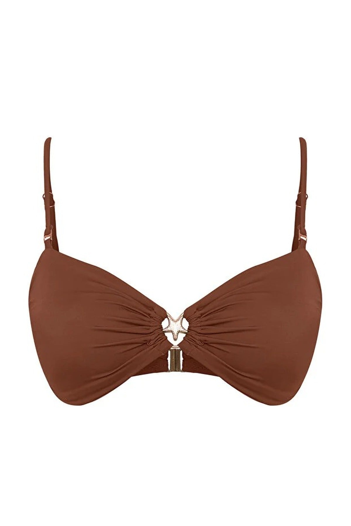 Brown Ruched Bandeau Bikini Top with Ring Detail, Image 3 of 5