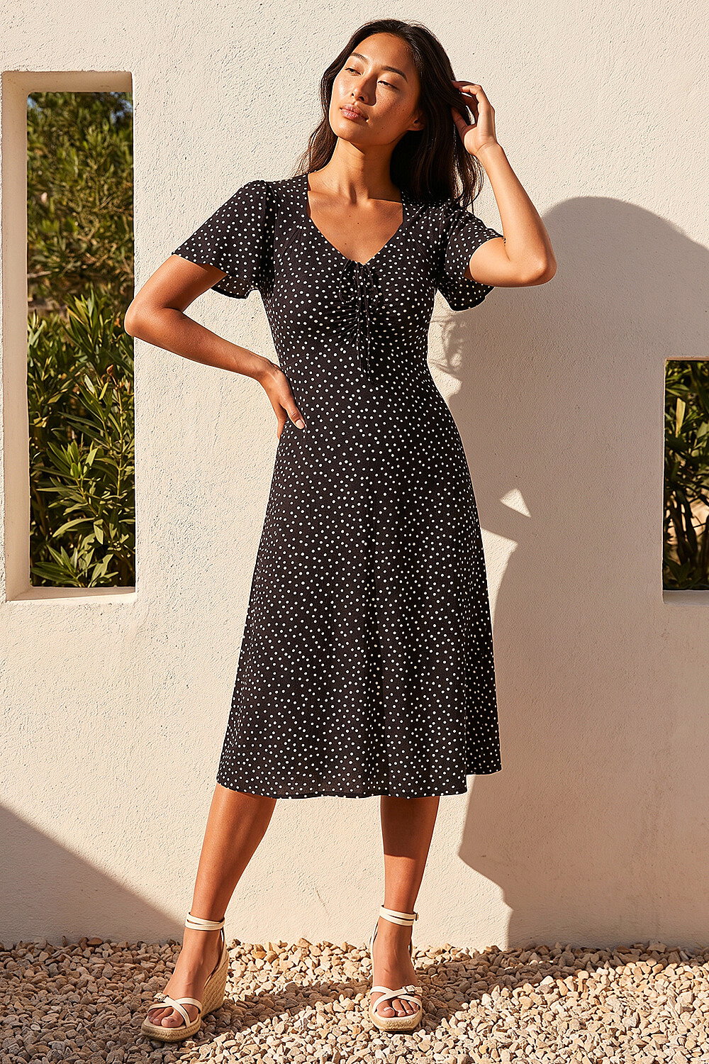 Black Petite Polka Dot Drawstring Midi Dress | Roman UK Black Petite Polka Dot Drawstring Midi Dress | Roman UK